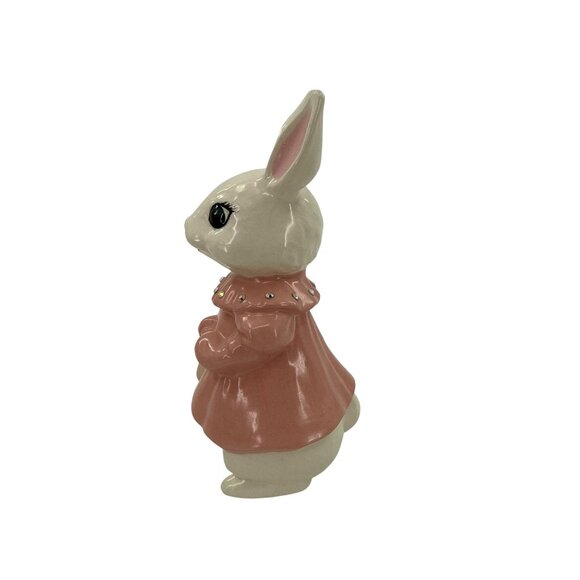 White Ceramic Bunny Anthropomorphic Figurine With Pink Dress Rhinestone‎ Accents - Picture 3 of 6